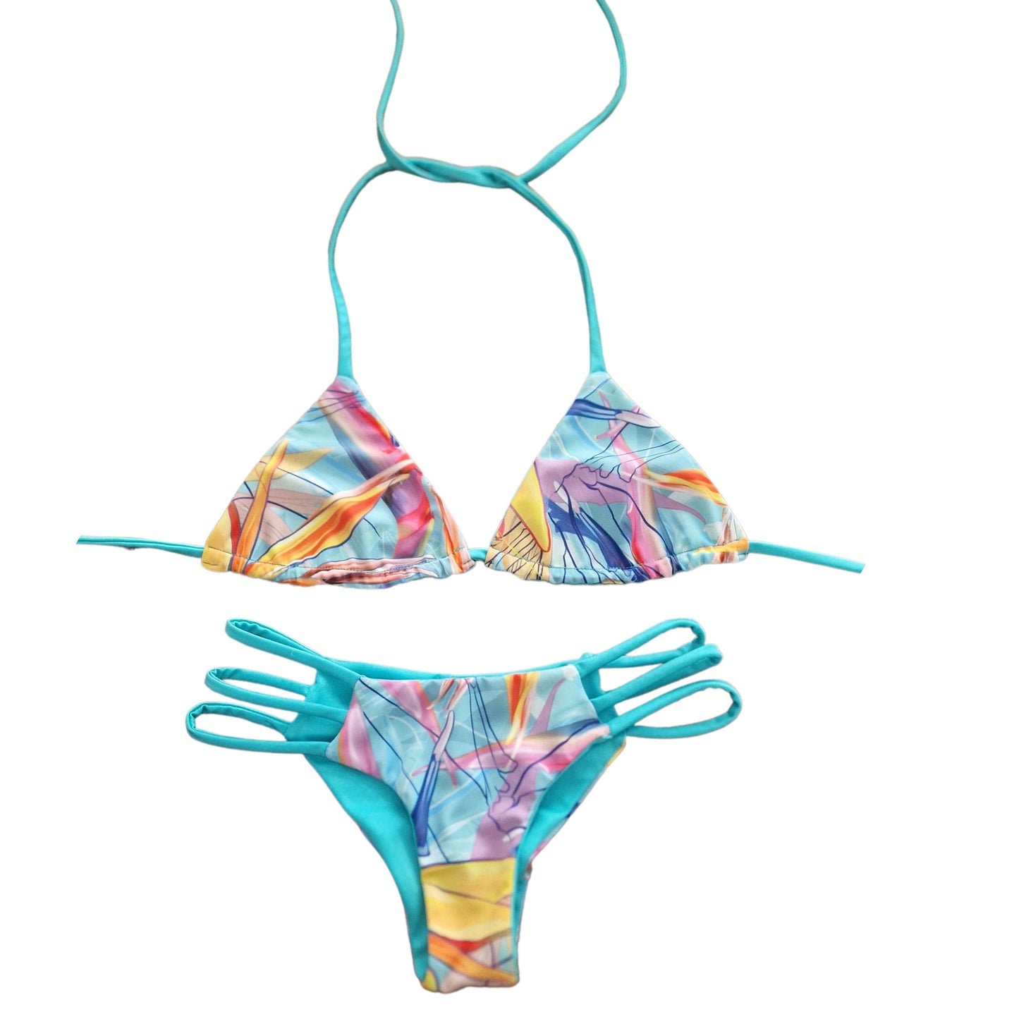 Bikini hecho a mano, estampado floral de colores amarillo, azul, naranja, rojo, morado,...